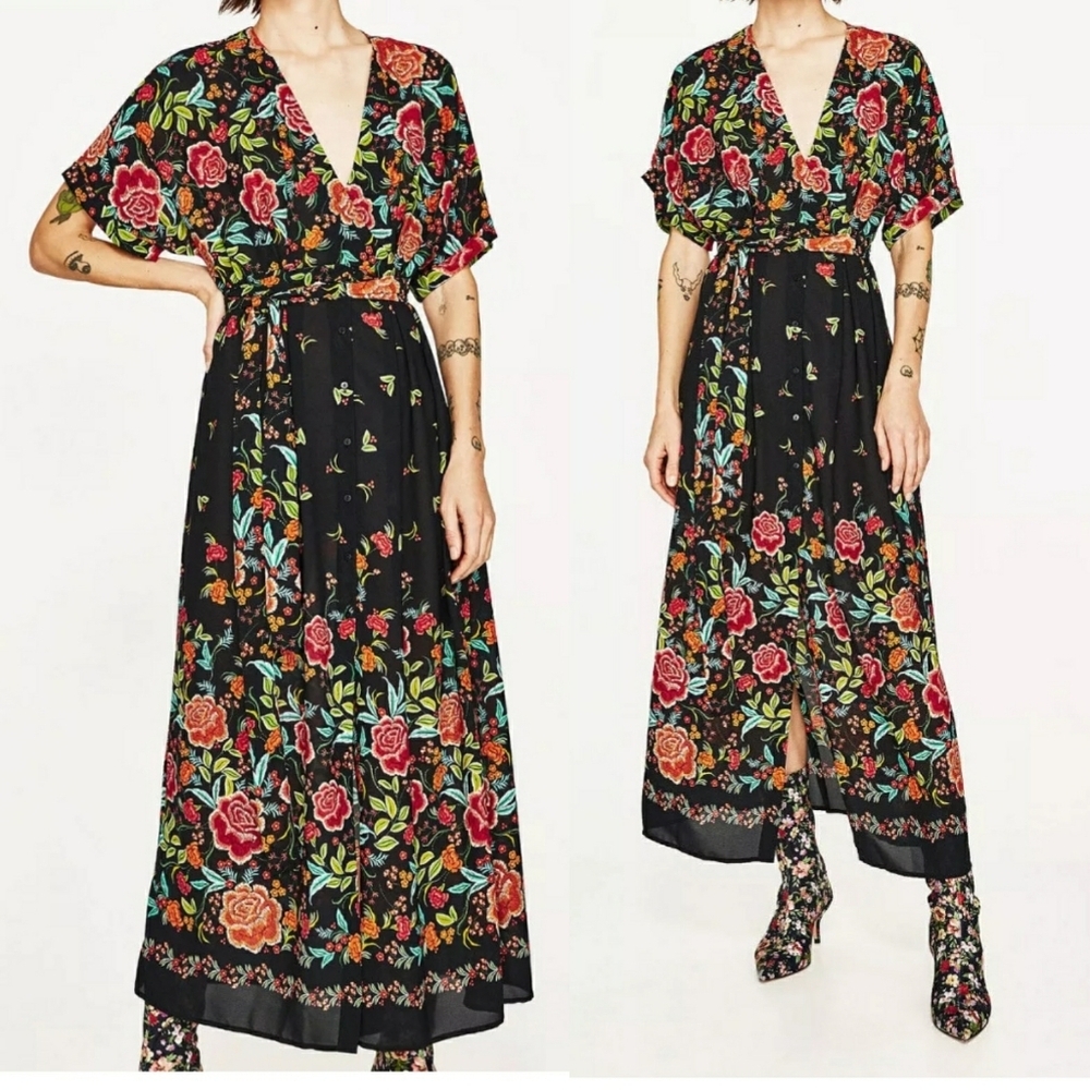 ZARA FLORAL PRINT KIMONO CAFTAN DRESS size M